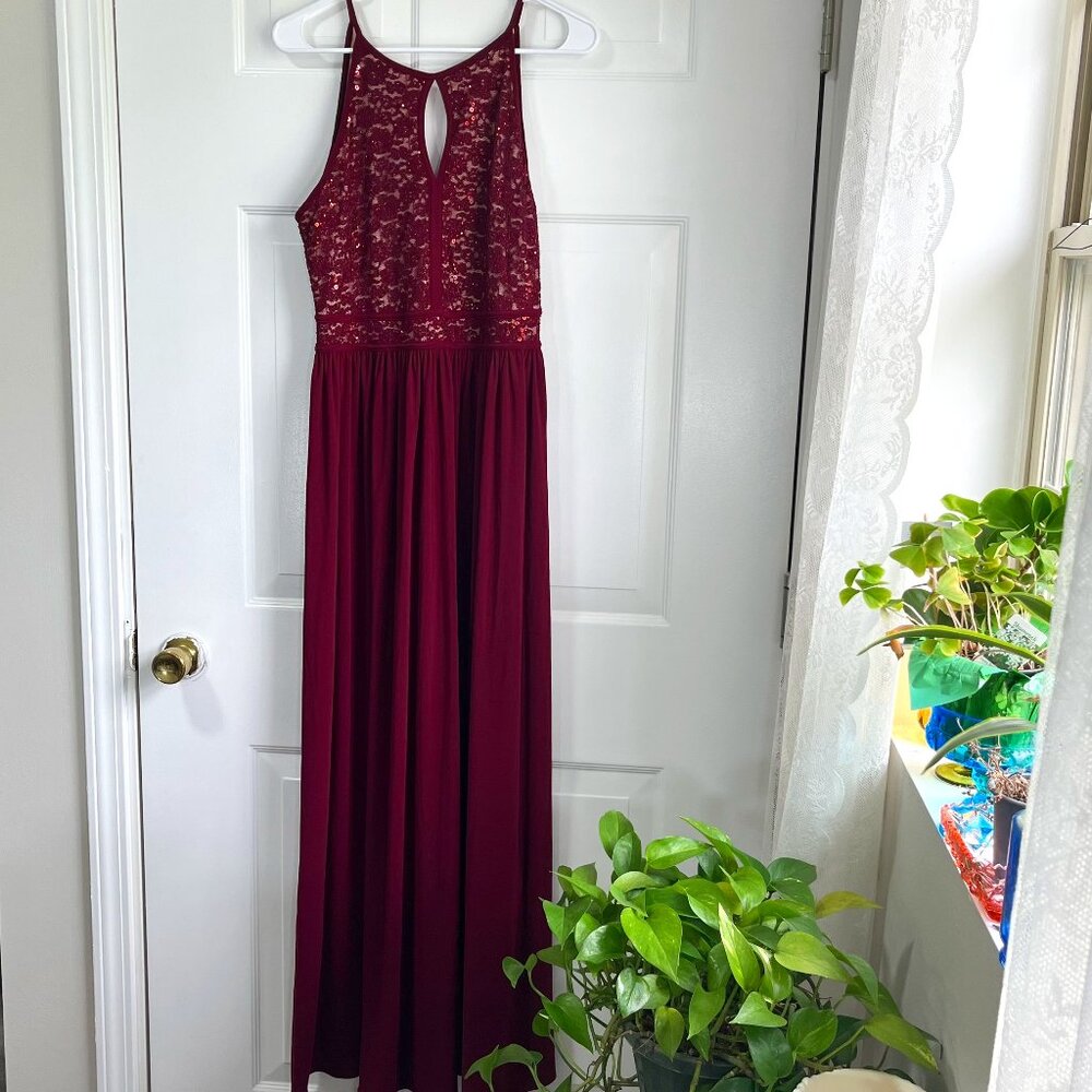 Morgan & Co Burgandy Halter Dress Sequin Lace Top Chiffon Lined Maxi Dress 12